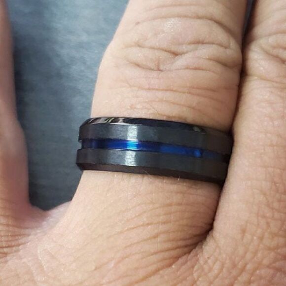 Mens Black Blue Line Wedding Promise Ring or Wedding Ring Band - Picture 2 of 6